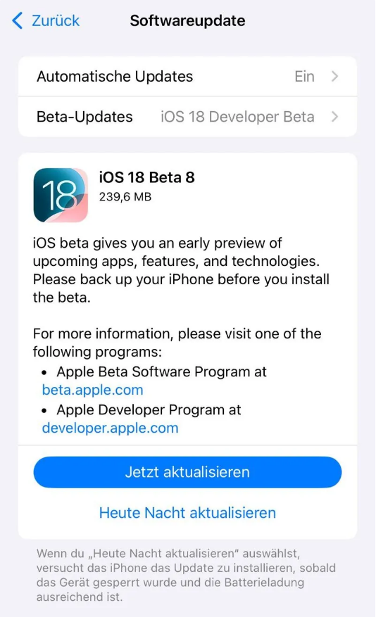 宏伟苹果手机维修分享苹果 iOS / iPadOS 18 开发者预览版 Beta 8 发布 